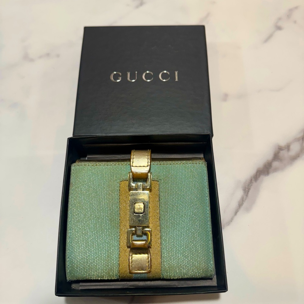 Gucci Baby Blue Canvas Metallic Gold Interior Jackie Wallet gold piston lock